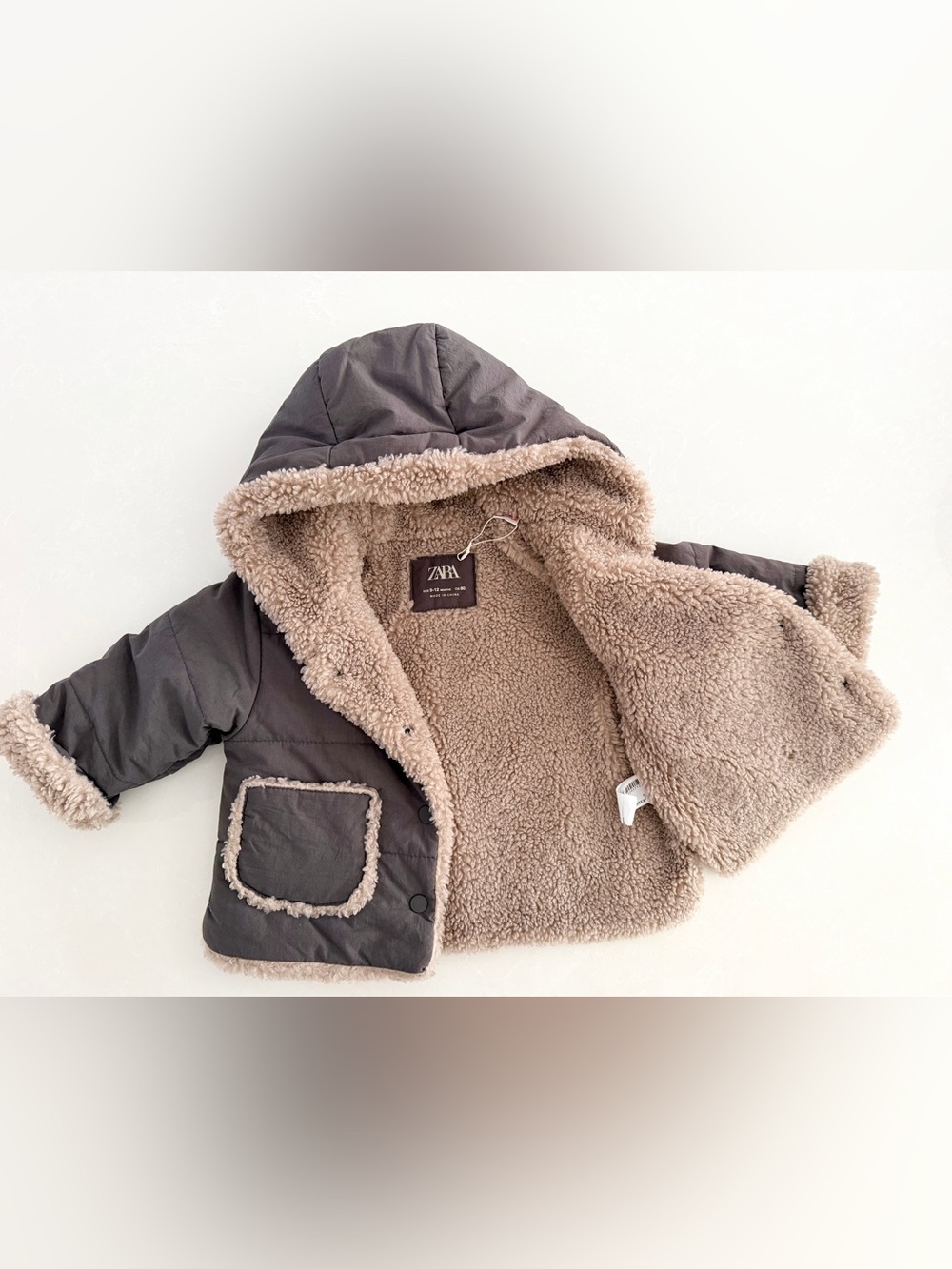 NWOT Zara Baby Faux Sherpa Lined Hooded Jacket •Size 9-12M